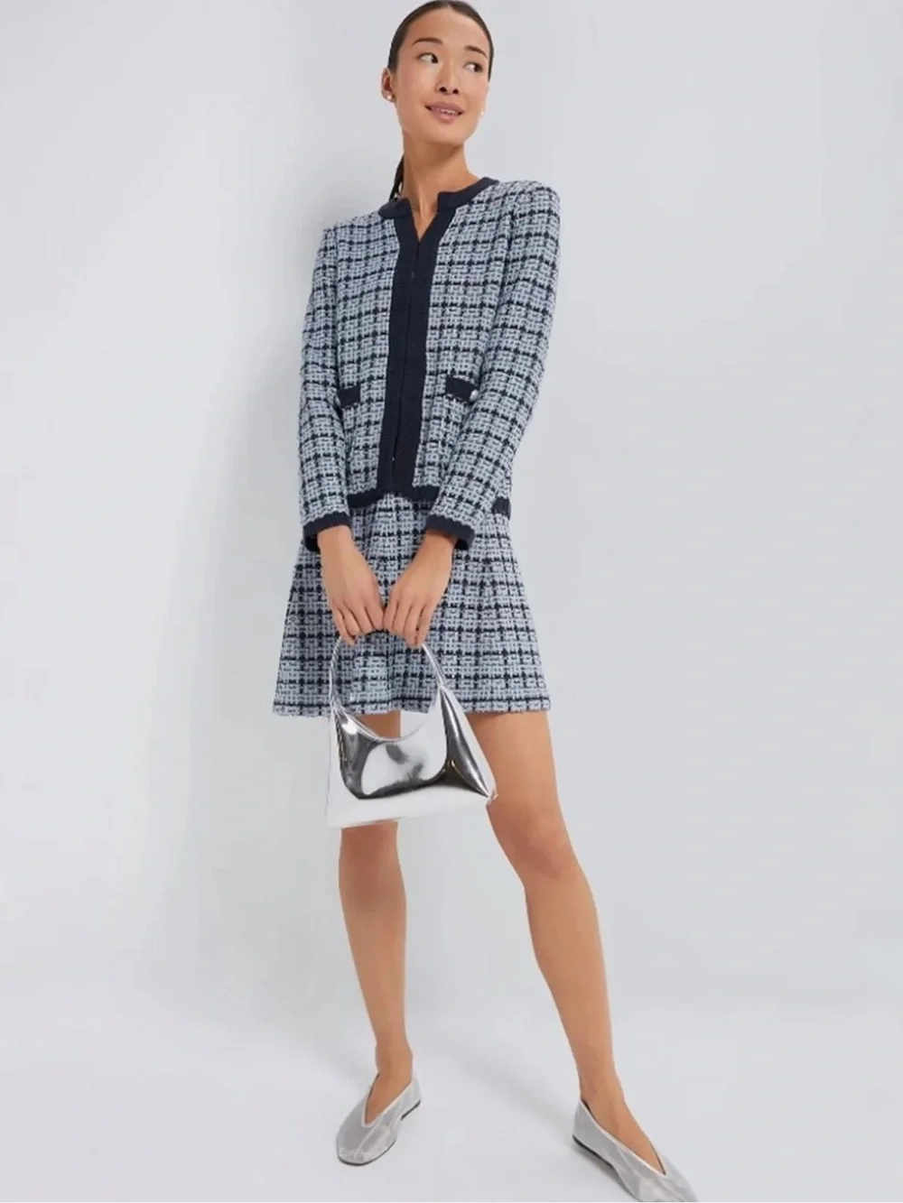 Venita Aspen x Sail to Sable Navy/faded denim Two Piece Knit Tweed Skirt Set,